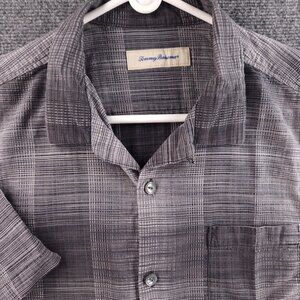 Tommy Bahama Silk Cotton Loop Short Sleeve Large Gray Plaid Camp Shirt Beach